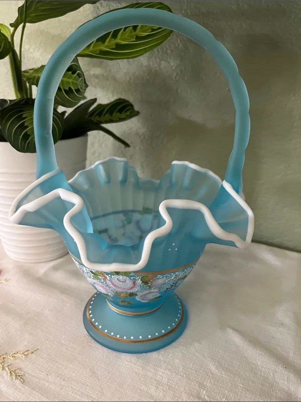 Fenton Charleton Collection 2002 Blue Satin Floral Basket Bill Fenton Signed